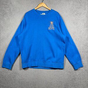 Nike Sweater Mens Size Large Blue Orange Trance Crewneck Fleece Lined Rainbow